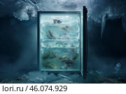 Refrigerator preserving food in icy cave, power outage survival concept. Стоковое AI-изображение, AI-художник Иван Рябоконь / Фотобанк Лори