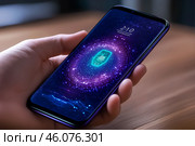 Смартфон в руке человека, сканер отпечатка пальца. Стоковое AI-изображение, AI-художник Щеголева Ольга / Фотобанк Лори