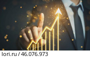 Increased profits. Benchmarking. Businessman analyzes profitability of working companies with digital augmented reality graphics, positive indicators, growing up graph and charts, colorful arrows. Стоковое AI-видео, аниматор Марина Демидюк / Фотобанк Лори