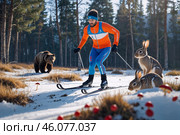 Лыжник преодолевает зимний лес, окруженный лесными зверями и дикой природой в теплую зимнюю погоду. из под растаявшего снега видны грибы и ягоды. Стоковое AI-изображение, AI-художник Сергей Никифоров-Гордеев / Фотобанк Лори