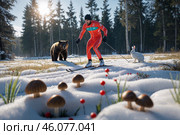 Лыжник в ярком костюме наслаждается зимой в лесу, полным жизни и диких животных. Его приветствуют белый заяц и бурый медведь. Стоковое AI-изображение, AI-художник Сергей Никифоров-Гордеев / Фотобанк Лори