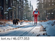 Лыжник в ярком спортивном костюме проезжает по лесной дороге мимо лесных животных в теплую зимнюю погоду среди тающего снега. Стоковое AI-изображение, AI-художник Сергей Никифоров-Гордеев / Фотобанк Лори