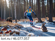 Лыжник проезжает через зимний лес, встречая диких животных в солнечное зимнее утро. Медведь и два зайца приветствуют спортсмена. Стоковое AI-изображение, AI-художник Сергей Никифоров-Гордеев / Фотобанк Лори
