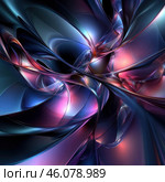 An abstract digital composition with fluid, intertwining lines and shapes reminiscent of mirror surfaces and liquid metal. The color palette includes deep blues, purples, pinks and reds with glowing and reflective effects. The image appears dynamic, creating a sense of movement and layering, making it look like a futuristic or sci-fi style. Стоковое AI-изображение, AI-художник Анна Кривицкая / Фотобанк Лори