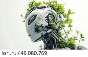 A futuristic robot with a white, smooth body and a complex mechanical structure. Its metal parts are intertwined with green plants that seem to grow from its insides. The robot's eyes glow neon green. The background is minimalist and light, emphasizing the harmonious combination of technology and nature. The image conveys the concept of merging technology with biological elements, possibly symbolizing a future in which artificial intelligence and ecology coexist in symbiosis. Стоковое AI-изображение, AI-художник Анна Кривицкая / Фотобанк Лори