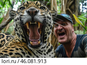 Jaguar roaring at the camera with zookeeper taking selfie. Стоковое AI-изображение, AI-художник Иван Рябоконь / Фотобанк Лори