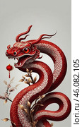 Red dragon illustration entwined around branches with a lantern for festive celebration. Стоковое AI-изображение, AI-художник Сергей Толмачёв / Фотобанк Лори