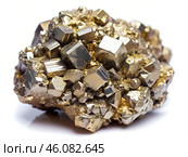 Exquisite pyrite crystals form an intricate cluster glistening with golden hues. The natural shapes and reflections create a captivating display, showcasing nature\'s beauty in mineral form. Стоковое AI-изображение, AI-художник Ольга Игнашина / Фотобанк Лори