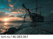 Beached sailing ship at sunset under starry sky. Стоковое AI-изображение, AI-художник Иван Рябоконь / Фотобанк Лори