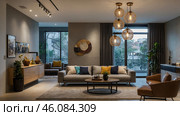 Modern living room designed with elegant lighting and stylish furniture for a cozy atmosphere. Стоковое AI-изображение, AI-художник Сергей Толмачёв / Фотобанк Лори