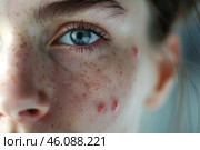 Young woman with freckles is having skin problems. Стоковое AI-изображение, AI-художник Иван Рябоконь / Фотобанк Лори