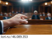 Close up of male hand pointing finger at audience in conference hall. Стоковое AI-изображение, AI-художник Евгений Харитонов / Фотобанк Лори