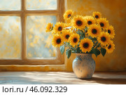 A bouquet of bright sunflowers in a ceramic vase standing on a wooden table. A window with beautiful light and a soft background illuminates the room, creating a warm atmosphere. The colors of warmth prevail in the image: yellow and orange shades, which give comfort and harmony. This image evokes a feeling of comfort and tranquility. Стоковое AI-изображение, AI-художник Анна Кривицкая / Фотобанк Лори