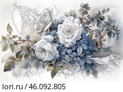 White roses surrounded by leaves and blueberries. The painting is done in soft pastel colors, with blue and gray shades predominating, which gives the image lightness and sophistication. The roses are depicted with detailed petals, creating a feeling of freshness and naturalness. Blueberries are harmoniously combined with green leaves, creating contrast and accent. The background of the painting is slightly blurred, which increases attention to the flowers and plants in the foreground. The work is done in an artistic style, which allows you to feel the atmosphere of tenderness and tranquility. Стоковое AI-изображение, AI-художник Анна Кривицкая / Фотобанк Лори