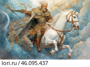 A fantasy painting depicting a majestic warrior with long grey hair and beard riding a white horse. He is clad in detailed armor with gold and turquoise elements, decorated with engravings and patterns. In his right hand he holds a long magical spear or staff, entwined with curling ribbons, reminiscent of ancient symbols or spells.The background is done in soft watercolor shades of blue and gold, creating a sense of clouds, divine radiance and mystical energy. The wind blows his cloak, and the horse looks powerful and graceful, ready to rush into battle or go on an epic journey.The painting is reminiscent of images of legendary heroes of mythology, divine horsemen or magical kings, which makes it filled with grandeur, epicness and the spirit of adventure. Стоковое AI-изображение, AI-художник Анна Кривицкая / Фотобанк Лори