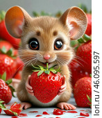 A funny chocolate-colored mouse holds a large juicy strawberry in its paws. Стоковое AI-изображение, AI-художник Сергей Елизарьев / Фотобанк Лори