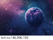 Bright purple planet rotating in the dark immensity of space. Стоковое AI-изображение, AI-художник Иван Рябоконь / Фотобанк Лори