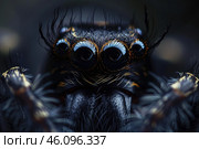Jumping spider starring with its large eyes and hairy body. Стоковое AI-изображение, AI-художник Иван Рябоконь / Фотобанк Лори