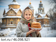 Russian traditions. Russian holiday Maslenitsa. Portrait of a girl in a Russian folk dress and a scarf with pancakes in her hands against the background of an Orthodox church. Стоковое AI-изображение, AI-художник Photojuli / Фотобанк Лори