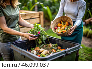 An open compost container with peels and fruit and vegetable clippings. Organic waste in a garden composter. Eco-friendly gardening, sustainability, ecology. Стоковое AI-изображение, AI-художник Photojuli / Фотобанк Лори