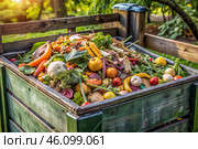 An open compost container with peels and fruit and vegetable clippings. Organic waste in a garden composter. Eco-friendly gardening, sustainability, ecology. Стоковое AI-изображение, AI-художник Photojuli / Фотобанк Лори