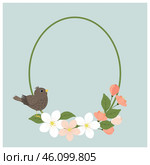 Баннер с цветами яблони, птицей и местом для текста. Banner with apple blossoms, bird, and place for text. Редакционная иллюстрация, иллюстратор Ирина Щербакова / Фотобанк Лори