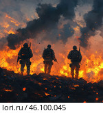 Three soldiers walking through a battlefield engulfed in flames and smoke. Their silhouettes stand out against the raging flames, while thick black smoke rises into the sky. The soldiers are fully equipped with combat gear and carry weapons, symbolizing fortitude and military determination. The atmosphere of the photo conveys the drama, tension, and destructive power of war. Стоковое AI-изображение, AI-художник Анна Кривицкая / Фотобанк Лори