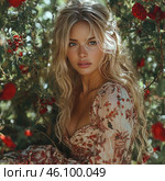 A young girl with long wavy blonde hair surrounded by red roses and green foliage. Her expressive eyes, delicate features and light blush create a romantic and natural image. She is wearing a floral dress in pastel and red tones, which emphasizes her femininity and harmonizes with the surroundings. The light and shadows create the effect of a sunny day, adding warmth and softness to the scene. Стоковое AI-изображение, AI-художник Анна Кривицкая / Фотобанк Лори