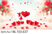 A romantic winter walk through a snowy park decorated with floating hearts. Two people embracing in a snowy park surrounded by a flurry of red hearts against a serene winter landscape. Стоковое AI-изображение, AI-художник Оксана Медведева / Фотобанк Лори