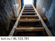 Old wooden ladder leading to bright light in dark room. Стоковое AI-изображение, AI-художник Иван Рябоконь / Фотобанк Лори