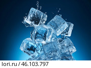 Ice cubes splashing with water on blue background. Стоковое AI-изображение, AI-художник Иван Рябоконь / Фотобанк Лори