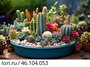 Colorful cacti and succulents growing in a blue pot. Стоковое AI-изображение, AI-художник Иван Рябоконь / Фотобанк Лори