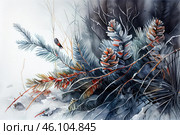 A winter watercolor composition depicting frost-covered coniferous branches and pine cones. The dark silhouette of a tree can be discerned in the background, creating a sense of depth in the forest scene. Thin lines of dry twigs and light brushstrokes convey the fragility and frostiness of the winter air. Among the branches, you can see a small bird with brown-black plumage sitting on a thin twig. The coloring is done in cold gray-blue shades with bright orange accents, creating a contrast between cold and warm. The painting is done in watercolor with smooth transitions and gentle washes. Стоковое AI-изображение, AI-художник Анна Кривицкая / Фотобанк Лори