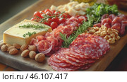 Board with an assortment of cured meats, cheeses, fresh fruits, nuts, and artisan bread arranged on a wooden board. gastronomic tour concept. Culinary video blog. Стоковое AI-видео, аниматор Ирина Михайличенко / Фотобанк Лори