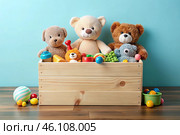 Wooden box with children's toys. A container with a teddy bear and educational wooden toys on a light blue background. Стоковое AI-изображение, AI-художник Photojuli / Фотобанк Лори