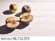 Rotten apples lie on a wooden surface under the rays of the bright sun. The problem of spoiled food. Стоковое фото, фотограф Кутина Татьяна / Фотобанк Лори