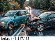 Cars get into accidents, accidents on the road. Damaged, crashed cars on the highway. The concept of car insurance. Стоковое AI-изображение, AI-художник Photojuli / Фотобанк Лори