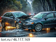 Cars get into accidents, accidents on the road. Damaged, crashed cars on the highway. The concept of car insurance. Стоковое AI-изображение, AI-художник Photojuli / Фотобанк Лори