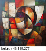 An abstract painting in the style of Cubism. The composition consists of many geometric shapes, intersecting lines and color blocks. In the center, a twisted spiral shape is guessed, surrounded by rectangles, triangles and curved elements. The color scheme is warm and rich - shades of red, orange, yellow, brown and white predominate, with splashes of green, blue and black. The textured surface and dense brushstrokes create a sense of depth and texture, and the lines emphasize the movement and rhythm characteristic of Cubism. This could be a modern interpretation of postmodern art, inspired by the works of Picasso or Braque. Стоковое AI-изображение, AI-художник Анна Кривицкая / Фотобанк Лори