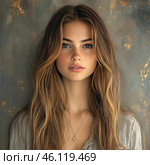 A young girl with long, wavy, light brown hair that frames her face beautifully. She has expressive blue eyes, light freckles on her cheeks and nose, and full lips with a natural pink tint. Her skin looks smooth and radiant. The girl is dressed in a light gray shirt with an unbuttoned collar, emphasizing her natural and effortless beauty. Around her neck hangs a delicate gold necklace with a round pendant. The background of the image is a textured surface with shades of gray, blue, and gold, creating an artistic and warm effect. Стоковое AI-изображение, AI-художник Анна Кривицкая / Фотобанк Лори