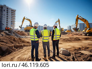 Construction workers observe excavation activities at a bustling site under clear skies with excavators during the day. Стоковое AI-изображение, AI-художник Sergey Grishin / Фотобанк Лори