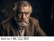 Studio portrait of a stylish, elegant elderly man, 70 years old, in a checkered jacket in brown tones. The concept of the elderly. Стоковое AI-изображение, AI-художник Photojuli / Фотобанк Лори