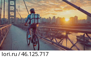 Delivery woman riding bicycle on bridge at sunset. Стоковое AI-видео, аниматор Юрий Поздников / Фотобанк Лори
