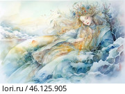 A young girl lying on the clouds or in the cloud element. She is wearing a long light dress decorated with an ornament, her hair is fluttering, and on her head she has a wreath of flowers and branches. Her face is calm, with her eyes closed, creating an atmosphere of calm and solitude. Around her are soft watery shades of water and clouds, creating a feeling of lightness and dreaminess. Стоковое AI-изображение, AI-художник Анна Кривицкая / Фотобанк Лори