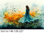 A charming watercolor illustration of a girl in a long flowing dress standing in the middle of a field. She holds an open book, from which flocks of birds and butterflies seem to fly out, turning into a whirlwind of colors. The background combines warm autumnal shades of orange, yellow and gold with deep blue and turquoise tones, creating a mystical atmosphere. The wind plays with the fabric of her dress and hair, adding a sense of movement and magic. The painting conveys the theme of inspiration, the power of imagination and the inextricable connection of literature with nature. Стоковое AI-изображение, AI-художник Анна Кривицкая / Фотобанк Лори