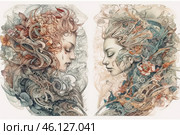 An artwork depicting two female faces filled with elements of flora and mechanics, creating a unique combination of nature and technology. Each face is made with fine and detailed lines that flow into flowers, leaves and mechanical parts. The face on the left expresses a bit of sadness with a teardrop on the cheeks, while the one on the right is more calm and peaceful. These elements come together to form a harmonious composition where organic and mechanical parts intertwine, creating a mysterious and surreal atmosphere. Стоковое AI-изображение, AI-художник Анна Кривицкая / Фотобанк Лори
