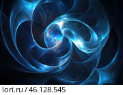 Abstract digital composition in the style of fractal art. In the center are smooth, swirling lines glowing blue and white, creating the effect of dynamic movement. These lines resemble energy flows, vortices or light waves in outer space. The dark background enhances the glow effect and adds mystery and depth to the image. Стоковое AI-изображение, AI-художник Анна Кривицкая / Фотобанк Лори