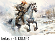 A rider riding a white horse through a snowstorm. He is dressed in warm, dark clothing, perhaps a military uniform or a peasant coat. His hair is fluttering in the wind, and his face expresses determination and strength. He holds the reins tightly, directing the horse forward. The horse looks powerful and confident, its muscles tense, and its hooves kick up snow. In the distance, trees, a fence, and a small snow-covered house or temple are visible, creating the atmosphere of a winter rural landscape. The painting is done in watercolor, which gives it dynamism, lightness, and the effect of movement. Стоковое AI-изображение, AI-художник Анна Кривицкая / Фотобанк Лори