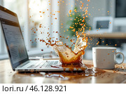 A coffee cup has accidentally tipped over, causing a cascade of coffee to splash onto a laptop and scatter across the wooden desk. Sunlight floods the room, highlighting the chaos. Стоковое AI-изображение, AI-художник Sergey Grishin / Фотобанк Лори
