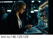 Female IT technician working efficiently in a data center while managing server connections at night. Стоковое AI-изображение, AI-художник Sergey Grishin / Фотобанк Лори
